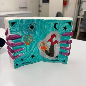 Abstract Ceramic Art Piece with Teal and Purple Accents
